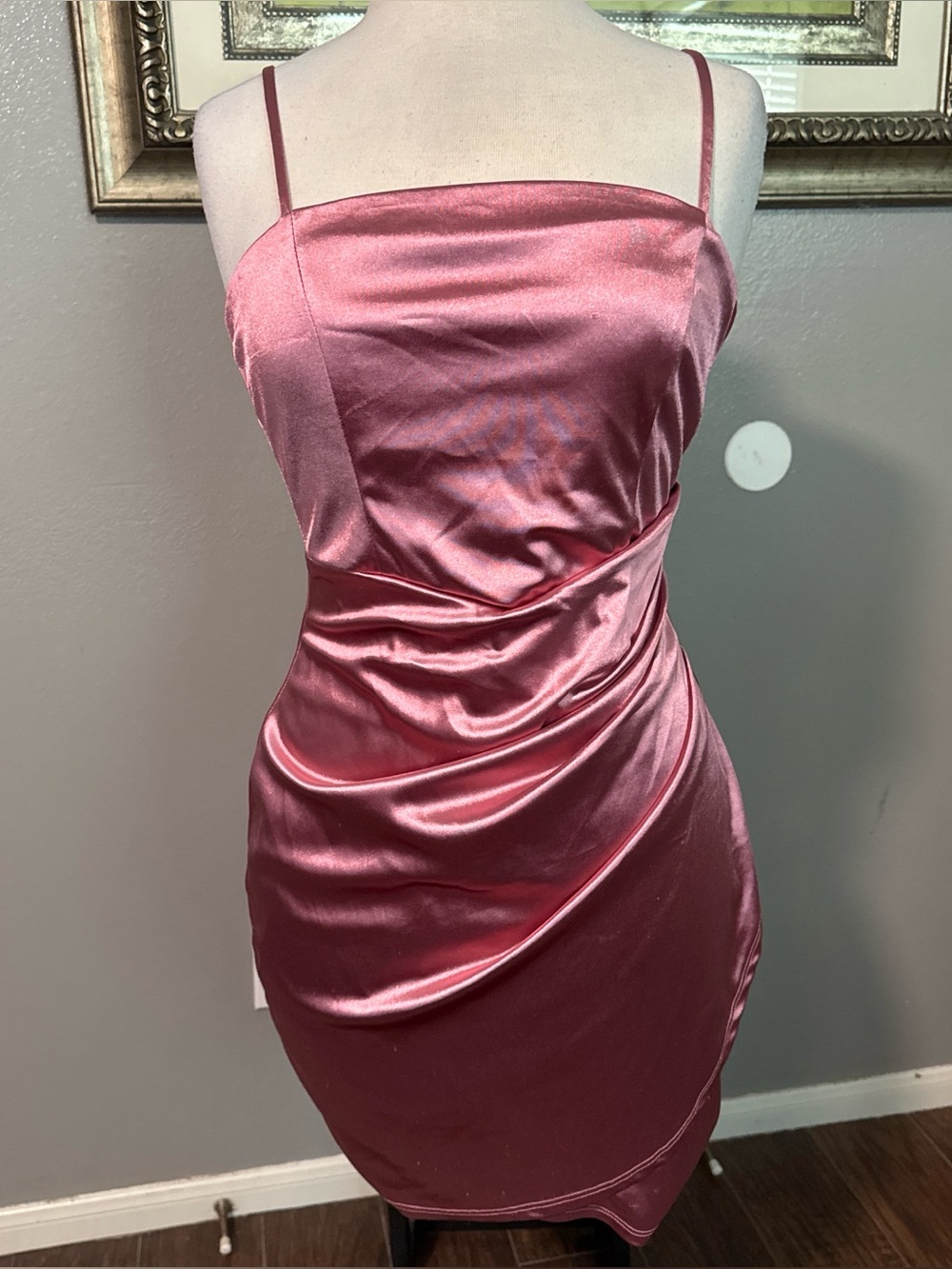 Honey and Rosie Satin Ruched Mini Dress in Rose Pink